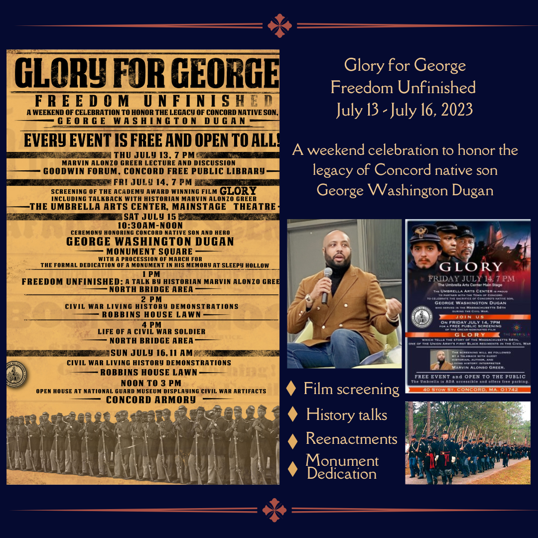 Glory for George - Freedom Unfinished Weekend July 13 - July 16, 2023 Blue, gold and red text.  