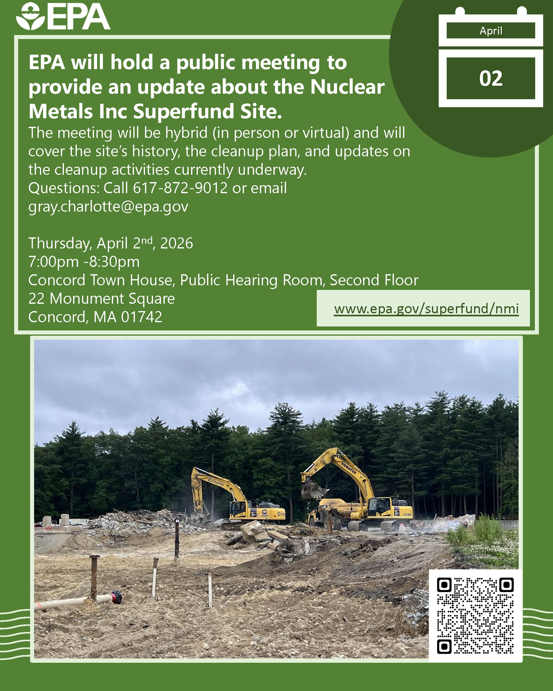Green background with yellow bulldozers.  Public Meeting - April 2, 2026 at 7PM Town House