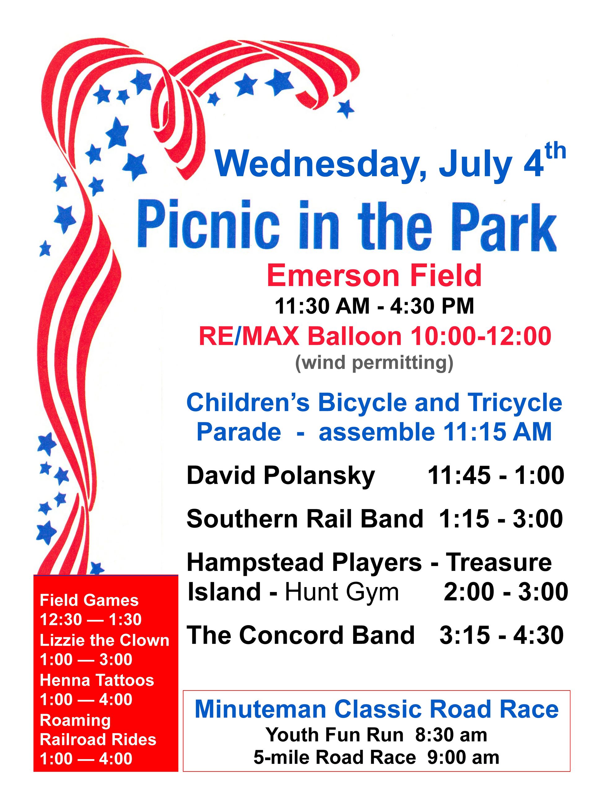 Picnic in the Park Poster, Road race begins 9am, events all day into evening