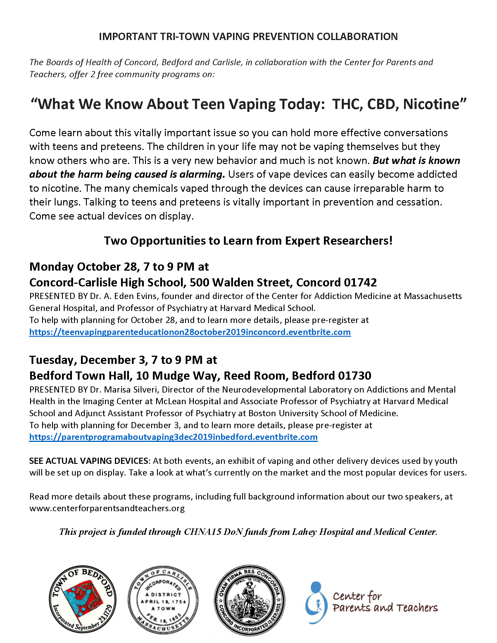 Flier of 2 Vaping Presentations in Fall 2019 final