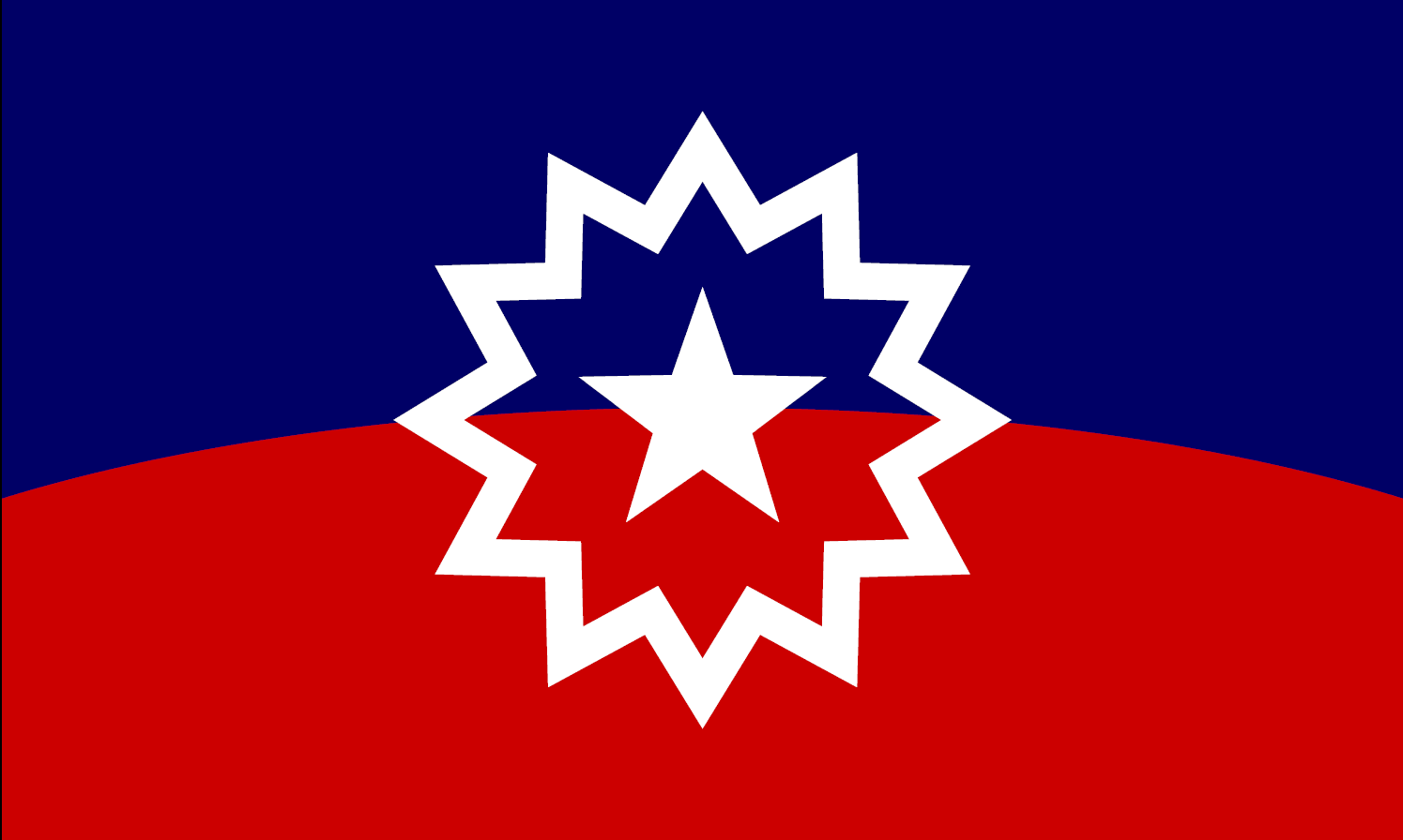 A blue over red flag with white five-pointed star in the center surrounded by a white star burst