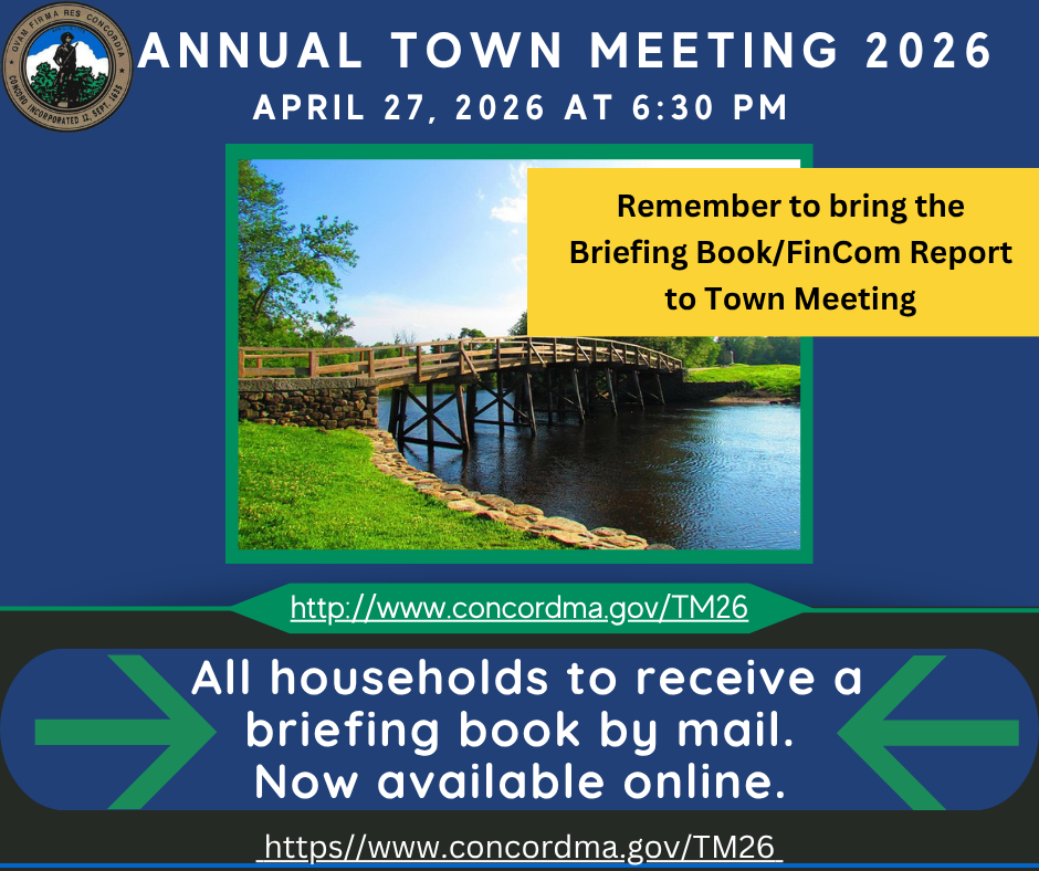 North Bridge on blue background.  ATM Briefing Book now available for 4/27/26 Town Meeting